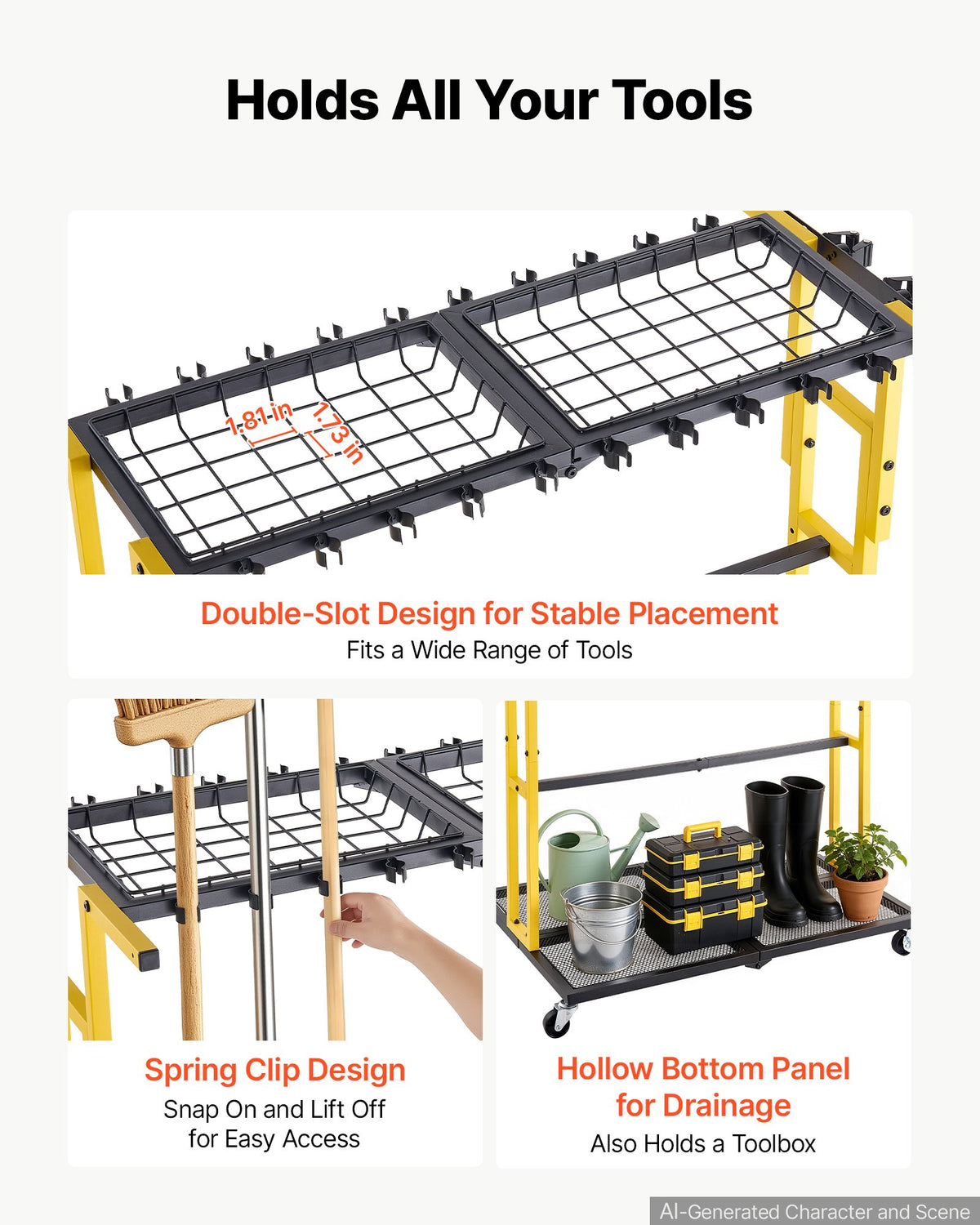 Garden Tool Organizer with Wheels, Large Metal Garage Storage Rack, for Rakes/Shovels/Brooms/Long Farming Tools, Yard Utility Holder for Shed/Outdoor/Lawn Organization, Heavy-Duty Steel, Black