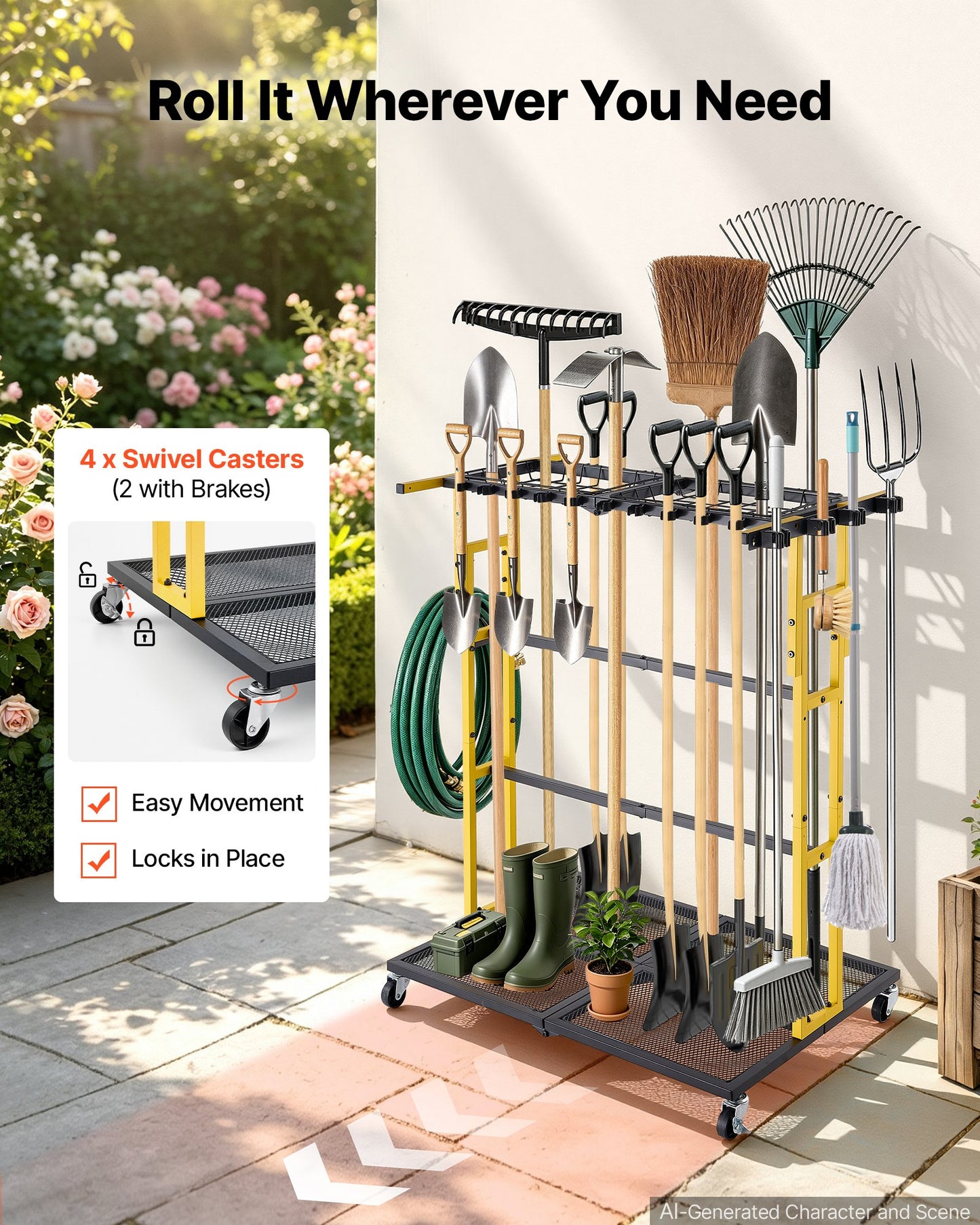 Garden Tool Organizer with Wheels, Large Metal Garage Storage Rack, for Rakes/Shovels/Brooms/Long Farming Tools, Yard Utility Holder for Shed/Outdoor/Lawn Organization, Heavy-Duty Steel, Black