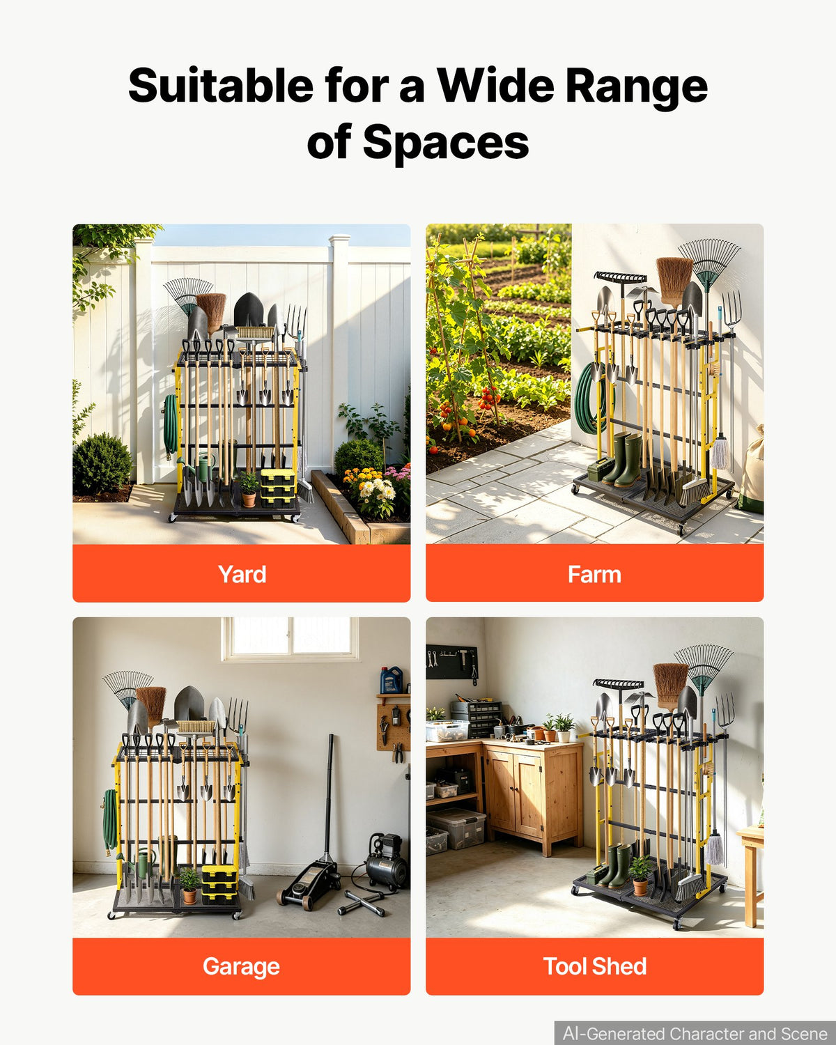 Garden Tool Organizer with Wheels, Large Metal Garage Storage Rack, for Rakes/Shovels/Brooms/Long Farming Tools, Yard Utility Holder for Shed/Outdoor/Lawn Organization, Heavy-Duty Steel, Black