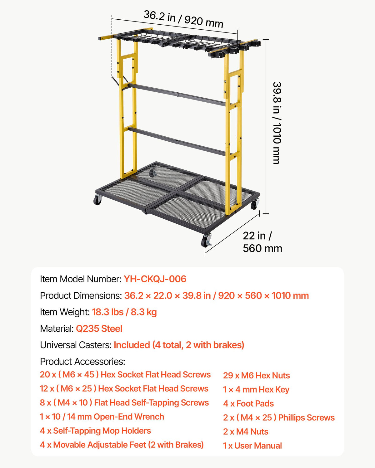 Garden Tool Organizer with Wheels, Large Metal Garage Storage Rack, for Rakes/Shovels/Brooms/Long Farming Tools, Yard Utility Holder for Shed/Outdoor/Lawn Organization, Heavy-Duty Steel, Black