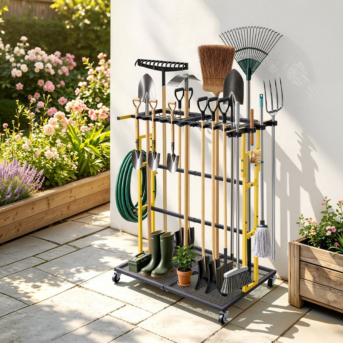 Garden Tool Organizer with Wheels, Large Metal Garage Storage Rack, for Rakes/Shovels/Brooms/Long Farming Tools, Yard Utility Holder for Shed/Outdoor/Lawn Organization, Heavy-Duty Steel, Black