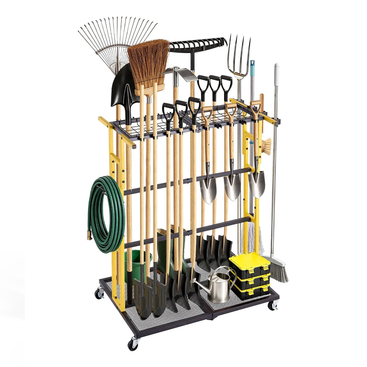 Garden Tool Organizer with Wheels, Large Metal Garage Storage Rack, for Rakes/Shovels/Brooms/Long Farming Tools, Yard Utility Holder for Shed/Outdoor/Lawn Organization, Heavy-Duty Steel, Black