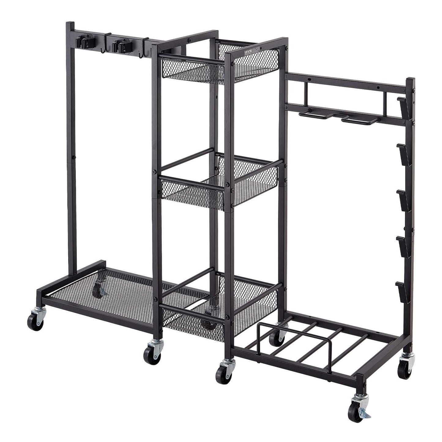 Broom Holder with Cleaning Supplies Organizer, Metal Garage Storage, Cleaning Cart with Mop Hanger, for Home Broom, Detergent, Vacuum Cleaner, Heavy-Duty Steel Utility Holder, with Wheels, Black