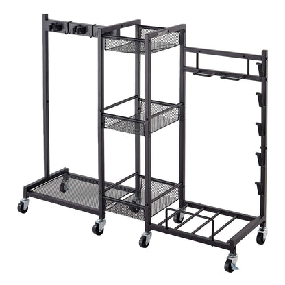 Broom Holder with Cleaning Supplies Organizer, Metal Garage Storage, Cleaning Cart with Mop Hanger, for Home Broom, Detergent, Vacuum Cleaner, Heavy-Duty Steel Utility Holder, with Wheels, Black