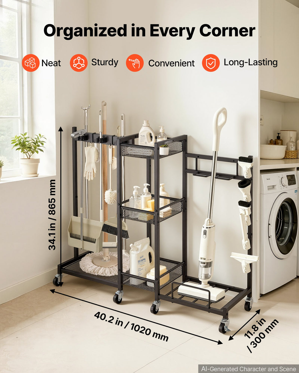 Broom Holder with Cleaning Supplies Organizer, Metal Garage Storage, Cleaning Cart with Mop Hanger, for Home Broom, Detergent, Vacuum Cleaner, Heavy-Duty Steel Utility Holder, with Wheels, Black