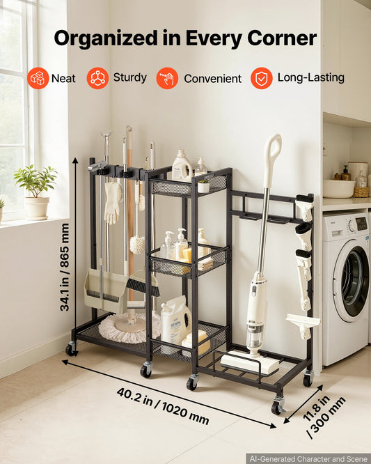 Broom Holder with Cleaning Supplies Organizer, Metal Garage Storage, Cleaning Cart with Mop Hanger, for Home Broom, Detergent, Vacuum Cleaner, Heavy-Duty Steel Utility Holder, with Wheels, Black