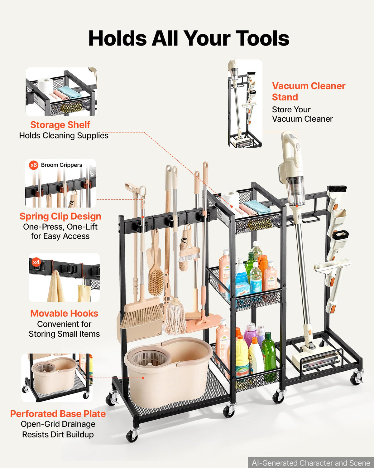 Broom Holder with Cleaning Supplies Organizer, Metal Garage Storage, Cleaning Cart with Mop Hanger, for Home Broom, Detergent, Vacuum Cleaner, Heavy-Duty Steel Utility Holder, with Wheels, Black