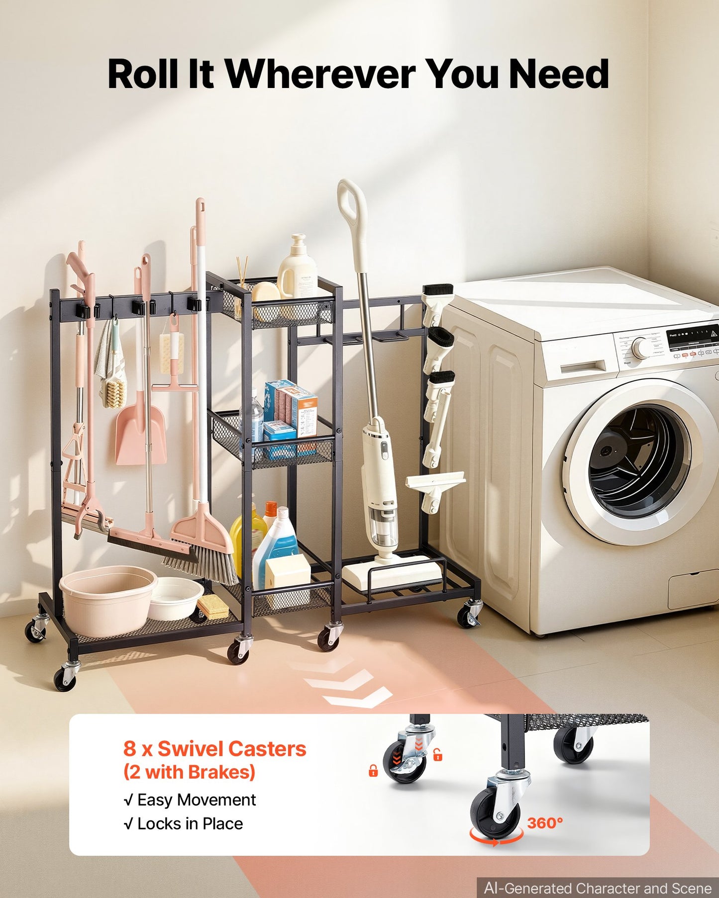 Broom Holder with Cleaning Supplies Organizer, Metal Garage Storage, Cleaning Cart with Mop Hanger, for Home Broom, Detergent, Vacuum Cleaner, Heavy-Duty Steel Utility Holder, with Wheels, Black