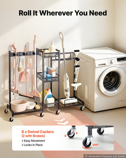 Broom Holder with Cleaning Supplies Organizer, Metal Garage Storage, Cleaning Cart with Mop Hanger, for Home Broom, Detergent, Vacuum Cleaner, Heavy-Duty Steel Utility Holder, with Wheels, Black