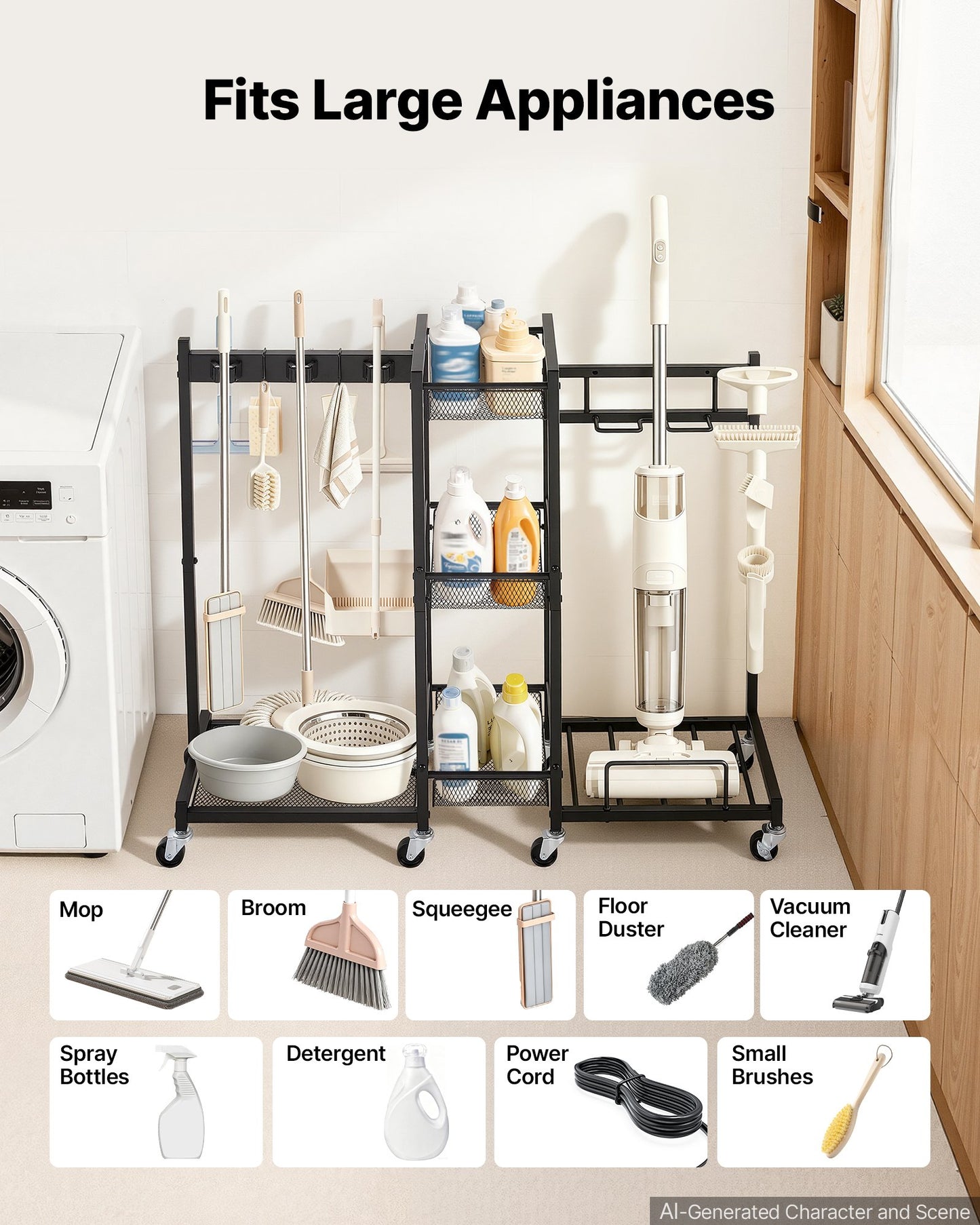 Broom Holder with Cleaning Supplies Organizer, Metal Garage Storage, Cleaning Cart with Mop Hanger, for Home Broom, Detergent, Vacuum Cleaner, Heavy-Duty Steel Utility Holder, with Wheels, Black
