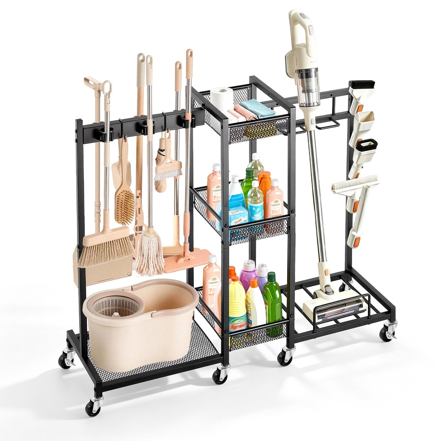 Broom Holder with Cleaning Supplies Organizer, Metal Garage Storage, Cleaning Cart with Mop Hanger, for Home Broom, Detergent, Vacuum Cleaner, Heavy-Duty Steel Utility Holder, with Wheels, Black