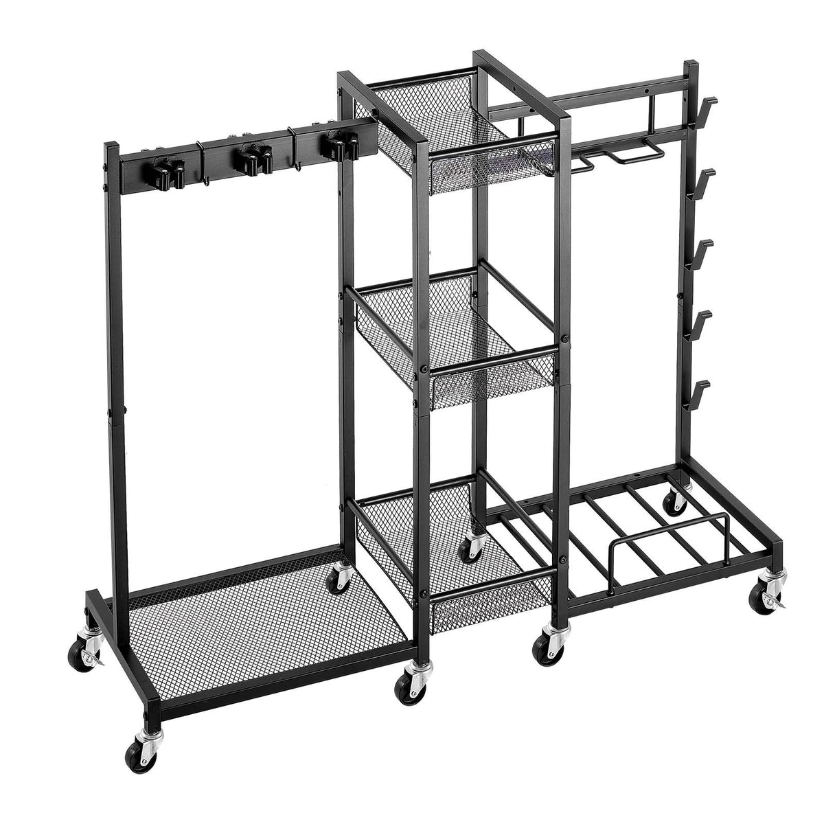 Broom Holder with Cleaning Supplies Organizer, Metal Garage Storage, Cleaning Cart with Mop Hanger, for Home Broom, Detergent, Vacuum Cleaner, Heavy-Duty Steel Utility Holder, with Wheels, Black