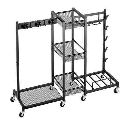 Broom Holder with Cleaning Supplies Organizer, Metal Garage Storage, Cleaning Cart with Mop Hanger, for Home Broom, Detergent, Vacuum Cleaner, Heavy-Duty Steel Utility Holder, with Wheels, Black