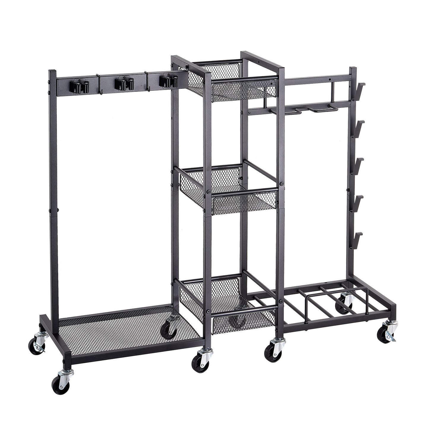Broom Holder with Cleaning Supplies Organizer, Metal Garage Storage, Cleaning Cart with Mop Hanger, for Home Broom, Detergent, Vacuum Cleaner, Heavy-Duty Steel Utility Holder, with Wheels, Black