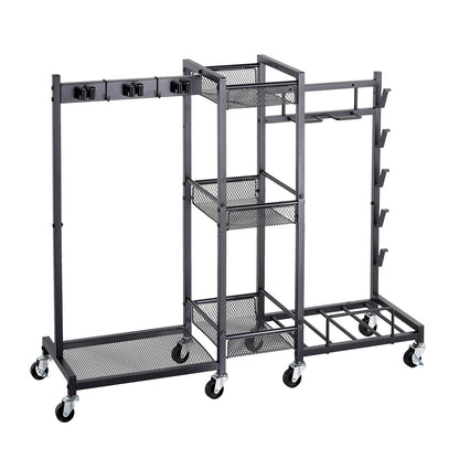 Broom Holder with Cleaning Supplies Organizer, Metal Garage Storage, Cleaning Cart with Mop Hanger, for Home Broom, Detergent, Vacuum Cleaner, Heavy-Duty Steel Utility Holder, with Wheels, Black