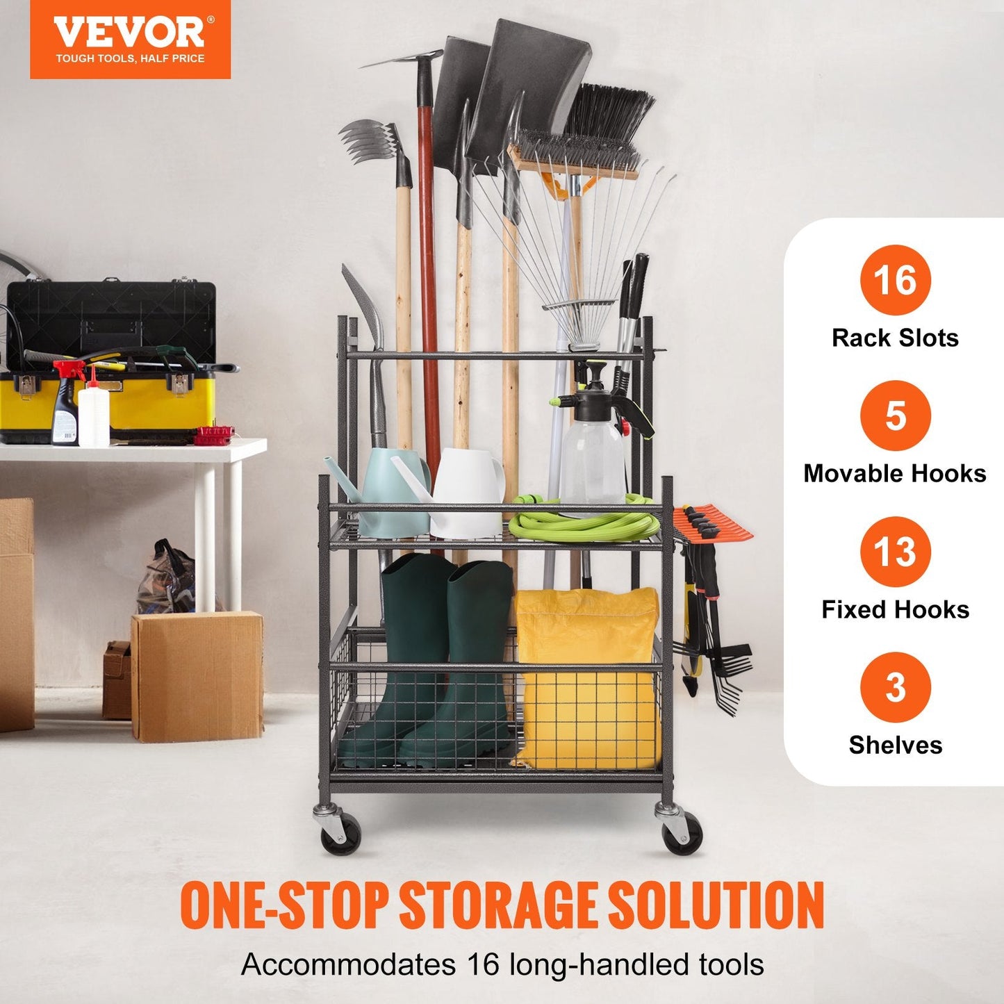 Garden Tool Tower Rack with Wheels, 16 Slots & Hooks, Metal Stand for Storage