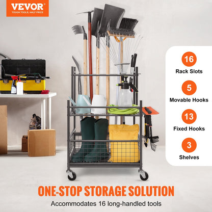 Garden Tool Tower Rack with Wheels, 16 Slots & Hooks, Metal Stand for Storage