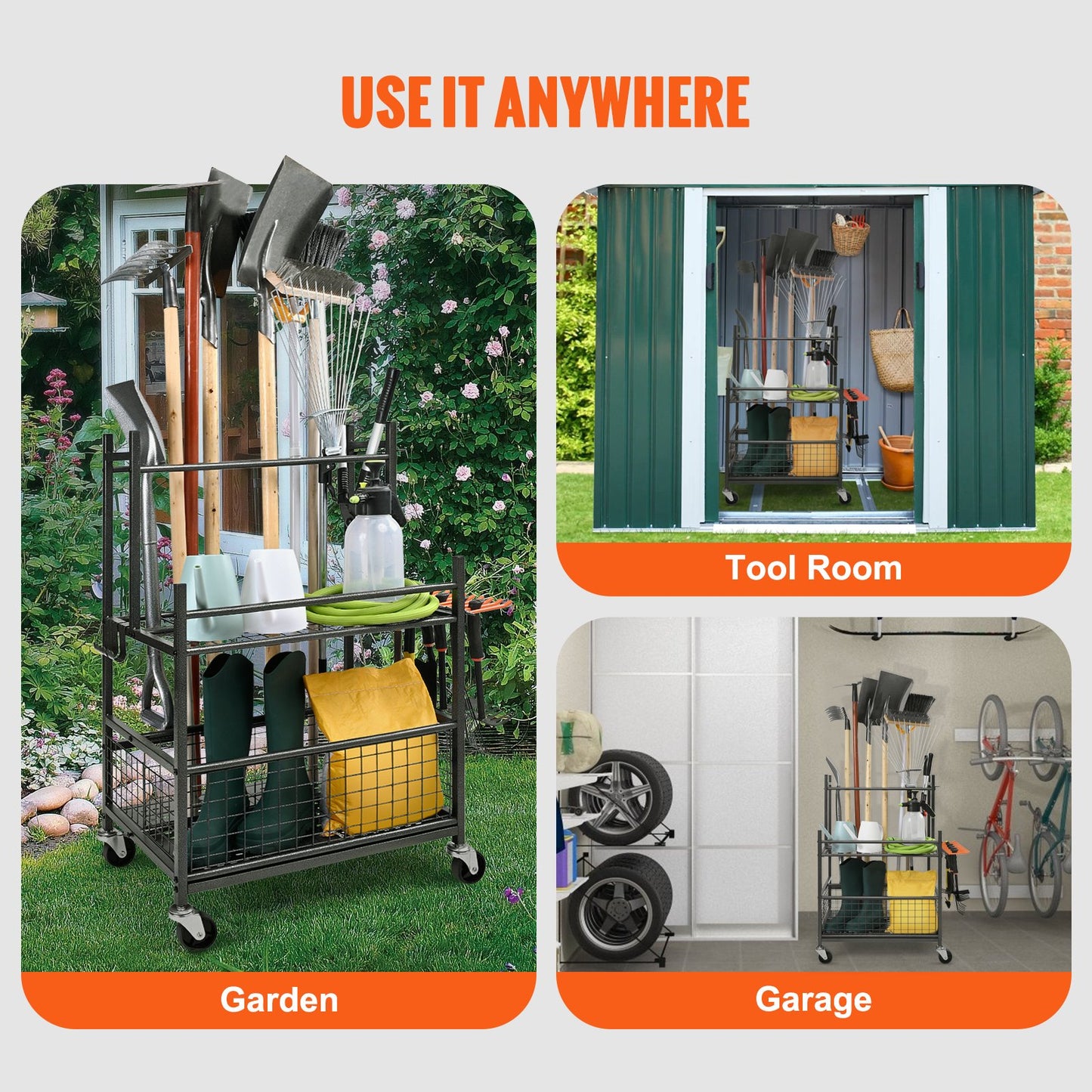 VEVOR Garden Tool Organizer, 16 Slots with Hooks, Yard Tool Tower Rack with Wheels