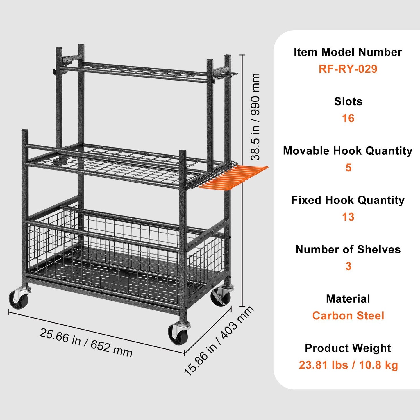 Garden Tool Tower Rack with Wheels, 16 Slots & Hooks, Metal Stand for Storage