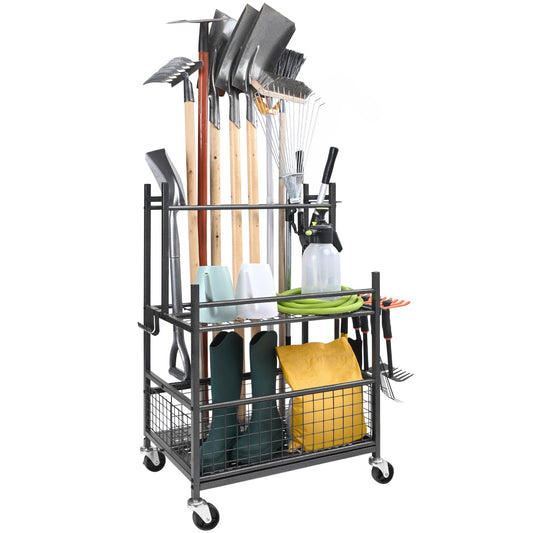 VEVOR Garden Tool Organizer, 16 Slots with Hooks, Yard Tool Tower Rack with Wheels