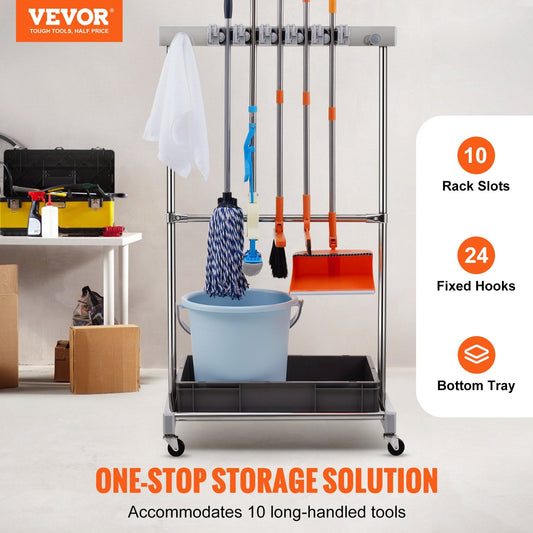 Garden Tool Tower Rack with Wheels, 10-Slot Organizer with Hooks, Metal Stand