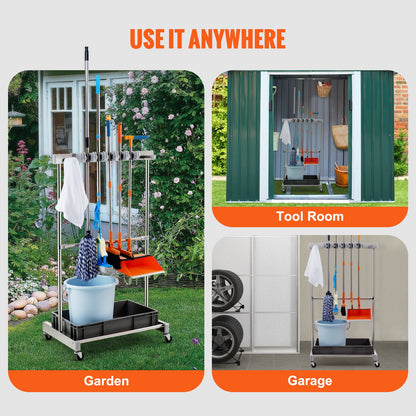 VEVOR Garden Tool Organizer, 10 Slots with Hooks, Yard Tool Tower Rack with Wheels