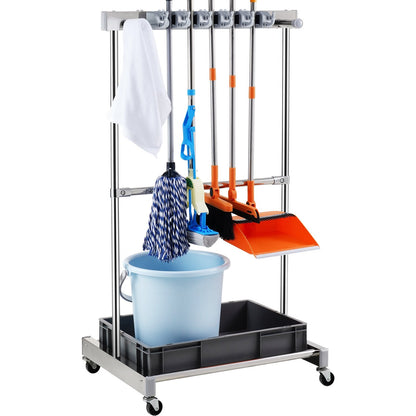Garden Tool Tower Rack with Wheels, 10-Slot Organizer with Hooks, Metal Stand