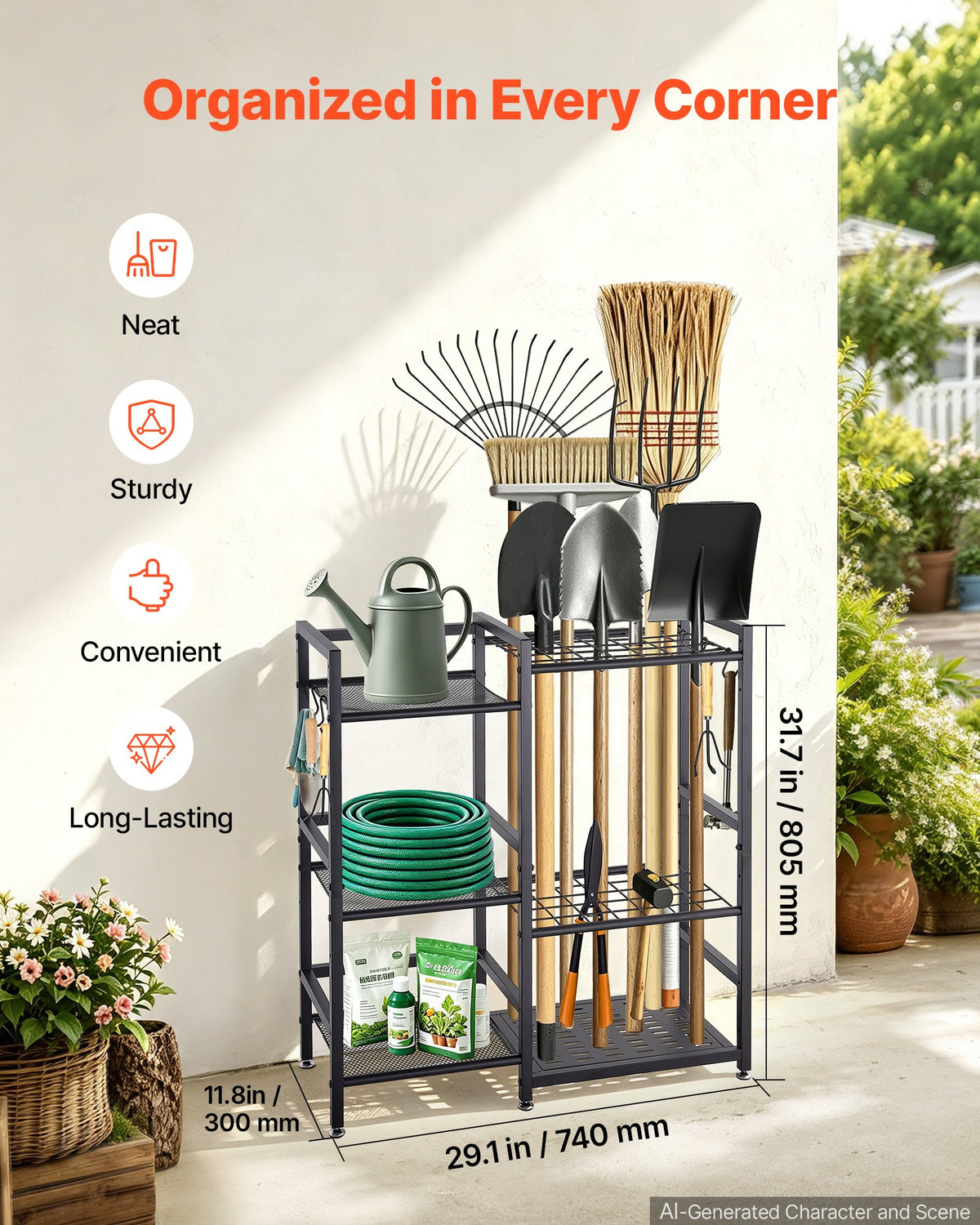 Garden Tool Organizer with Guard Rail, 3-Tier Metal Storage Rack, for Rakes/Shovels/Brooms, Yard Utility Holder for Garage/Shed/Outdoor/Lawn Organization, Heavy-Duty Steel, with Hooks, Black