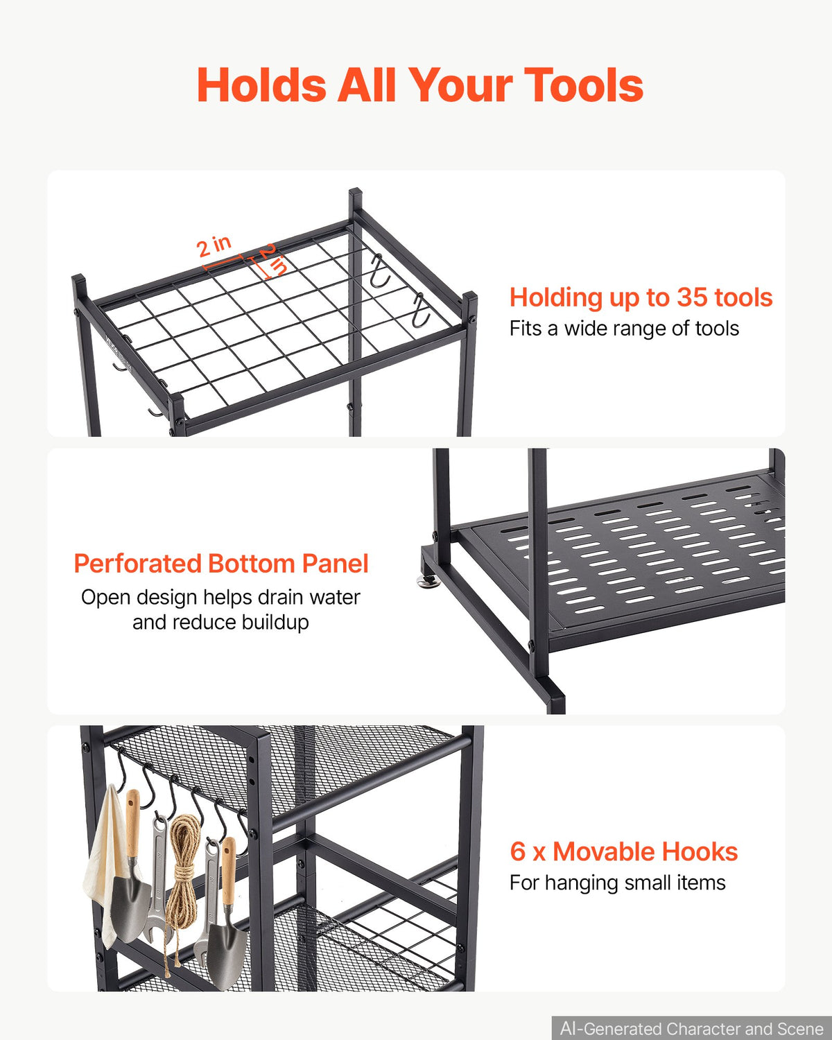 Garden Tool Organizer with Guard Rail, 3-Tier Metal Storage Rack, for Rakes/Shovels/Brooms, Yard Utility Holder for Garage/Shed/Outdoor/Lawn Organization, Heavy-Duty Steel, with Hooks, Black