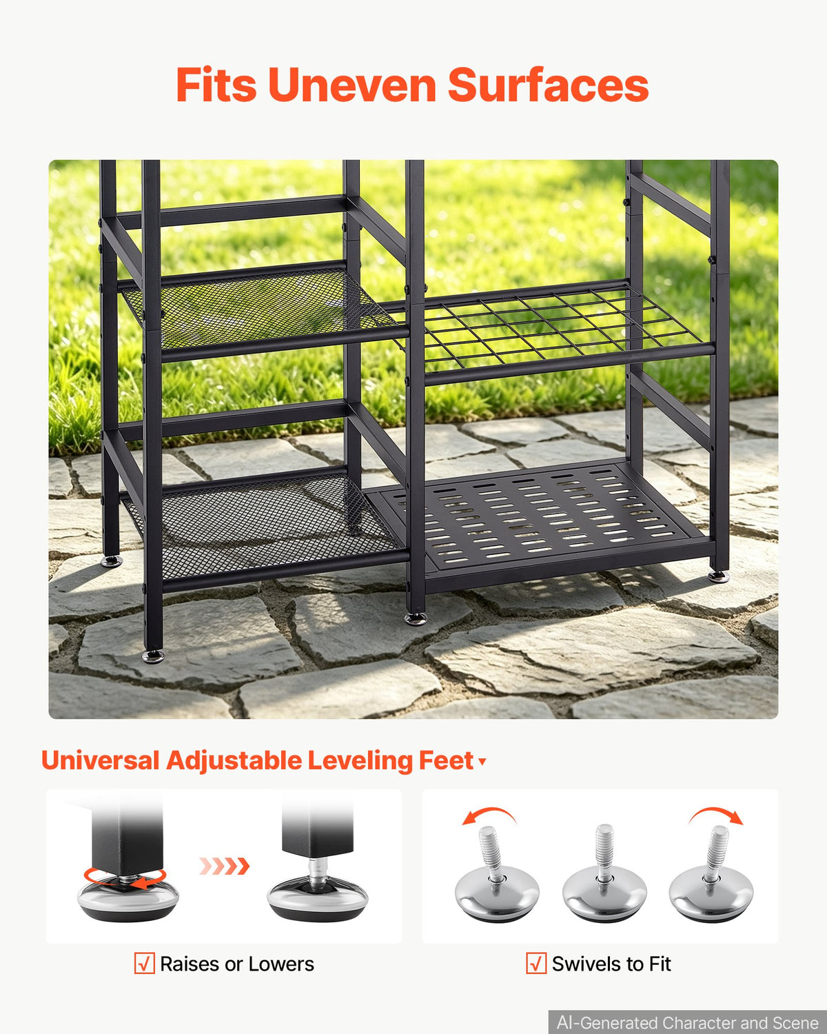 Garden Tool Organizer with Guard Rail, 3-Tier Metal Storage Rack, for Rakes/Shovels/Brooms, Yard Utility Holder for Garage/Shed/Outdoor/Lawn Organization, Heavy-Duty Steel, with Hooks, Black