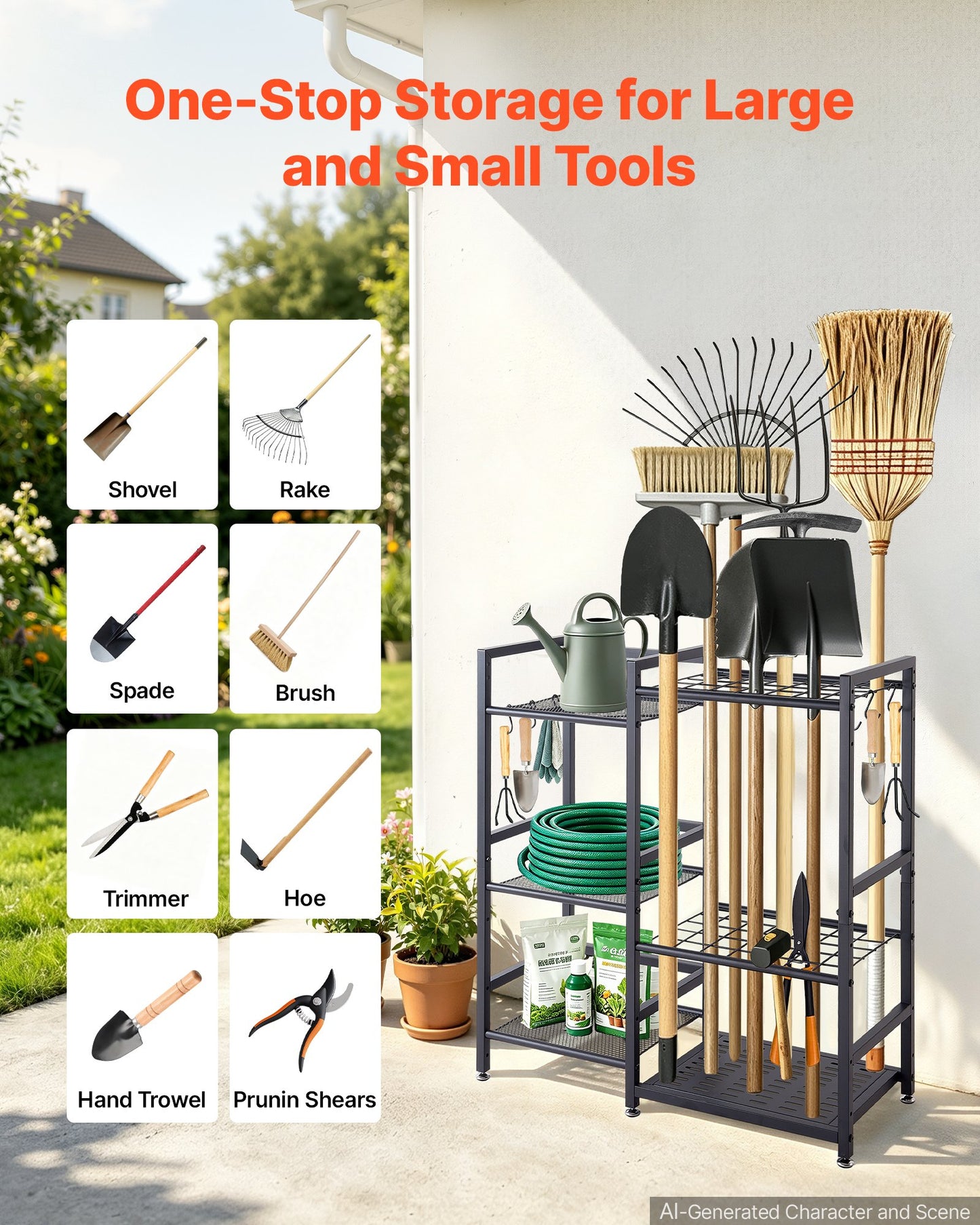 Garden Tool Organizer with Guard Rail, 3-Tier Metal Storage Rack, for Rakes/Shovels/Brooms, Yard Utility Holder for Garage/Shed/Outdoor/Lawn Organization, Heavy-Duty Steel, with Hooks, Black