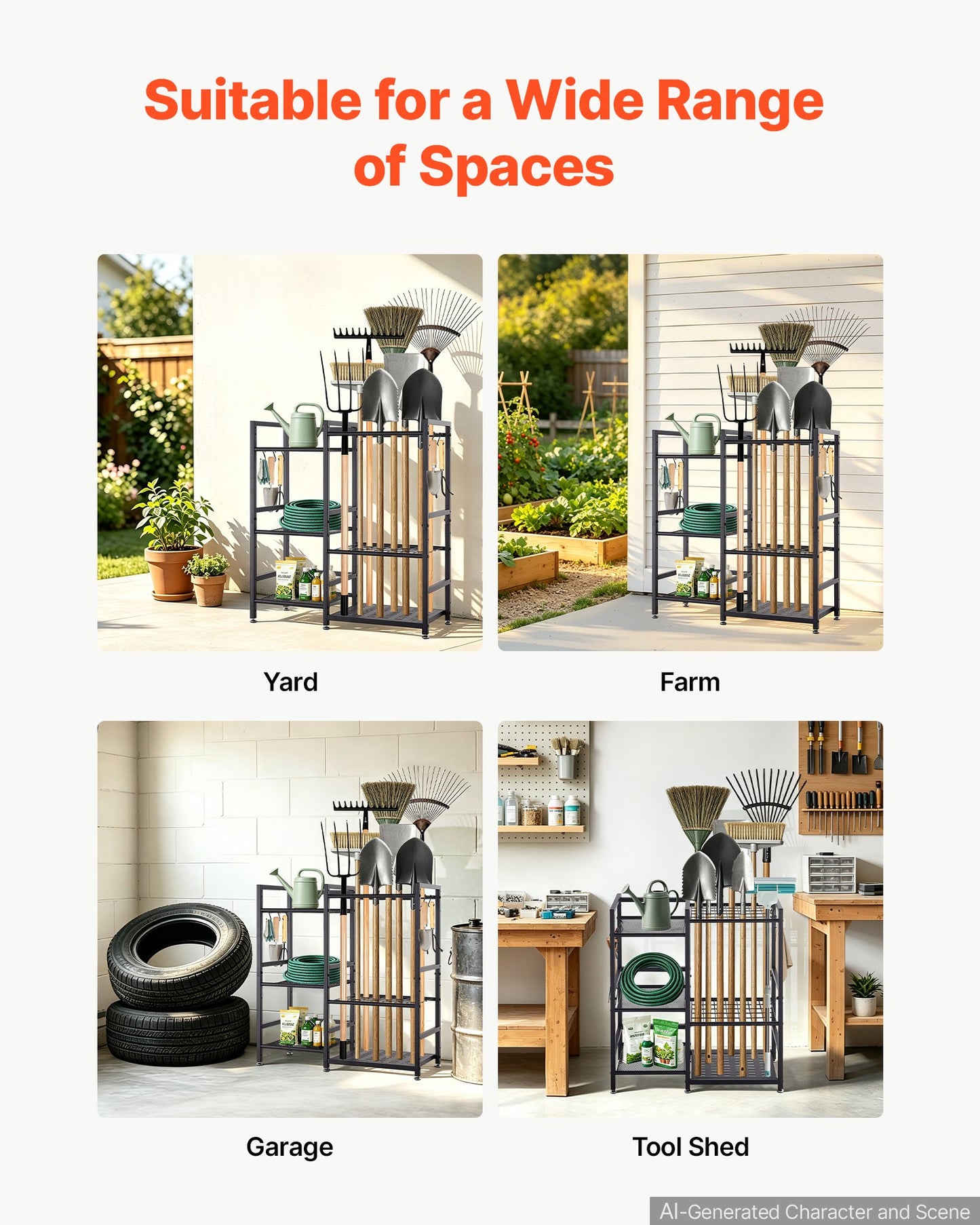 Garden Tool Organizer with Guard Rail, 3-Tier Metal Storage Rack, for Rakes/Shovels/Brooms, Yard Utility Holder for Garage/Shed/Outdoor/Lawn Organization, Heavy-Duty Steel, with Hooks, Black