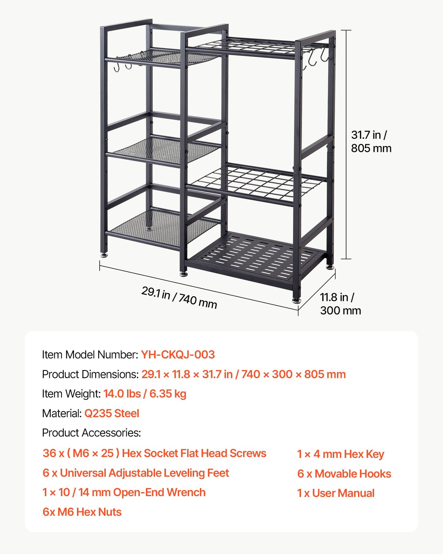 Garden Tool Organizer with Guard Rail, 3-Tier Metal Storage Rack, for Rakes/Shovels/Brooms, Yard Utility Holder for Garage/Shed/Outdoor/Lawn Organization, Heavy-Duty Steel, with Hooks, Black