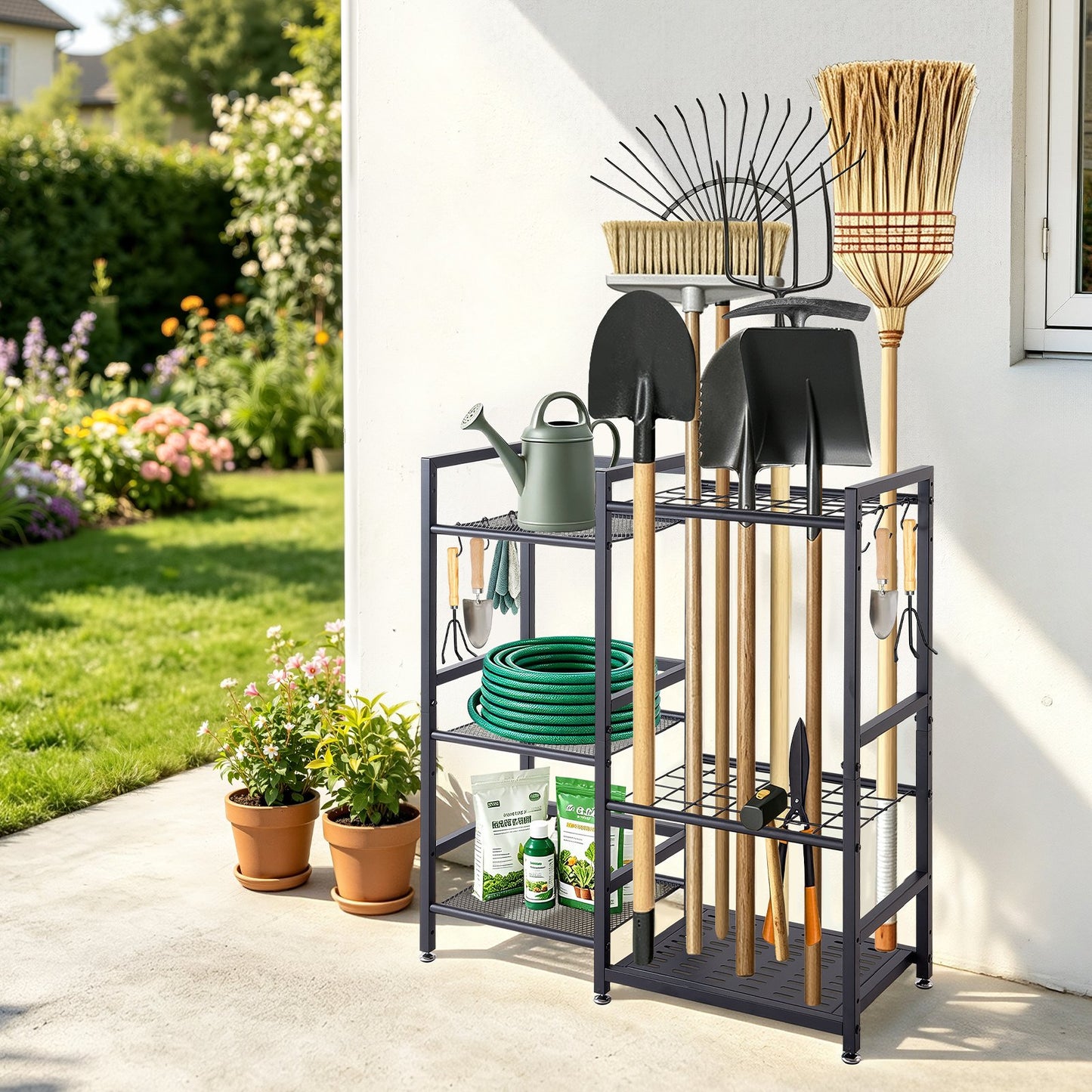 Garden Tool Organizer with Guard Rail, 3-Tier Metal Storage Rack, for Rakes/Shovels/Brooms, Yard Utility Holder for Garage/Shed/Outdoor/Lawn Organization, Heavy-Duty Steel, with Hooks, Black