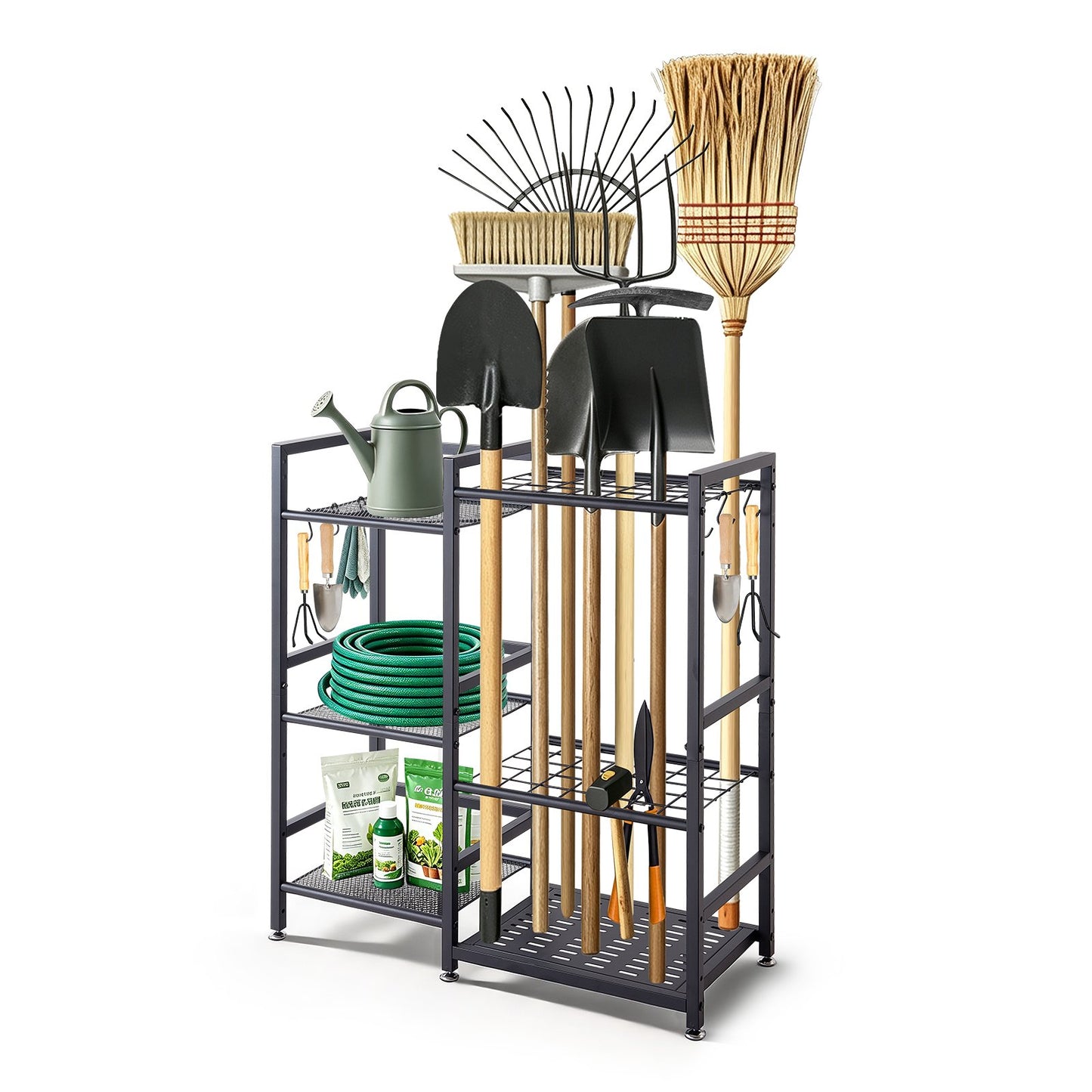 Garden Tool Organizer with Guard Rail, 3-Tier Metal Storage Rack, for Rakes/Shovels/Brooms, Yard Utility Holder for Garage/Shed/Outdoor/Lawn Organization, Heavy-Duty Steel, with Hooks, Black