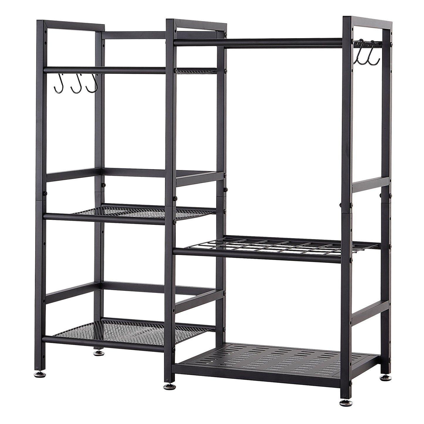 Garden Tool Organizer with Guard Rail, 3-Tier Metal Storage Rack, for Rakes/Shovels/Brooms, Yard Utility Holder for Garage/Shed/Outdoor/Lawn Organization, Heavy-Duty Steel, with Hooks, Black