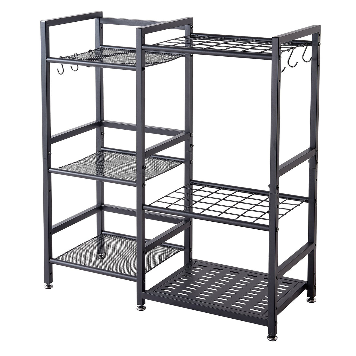 Garden Tool Organizer with Guard Rail, 3-Tier Metal Storage Rack, for Rakes/Shovels/Brooms, Yard Utility Holder for Garage/Shed/Outdoor/Lawn Organization, Heavy-Duty Steel, with Hooks, Black
