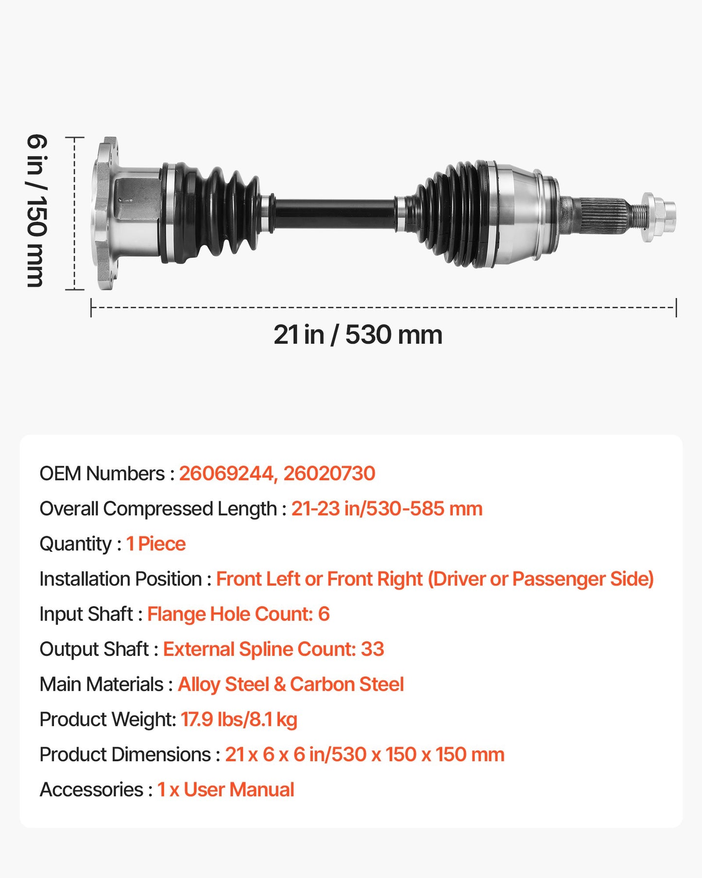 CV Axle Shaft Assembly, Front Left or Right Side (Driver or Passenger Side), Automotive Replacement CV Joint Axle Compatible with 1999-2006 Chevrolet Silverado 1500, Alloy Steel & Carbon Steel