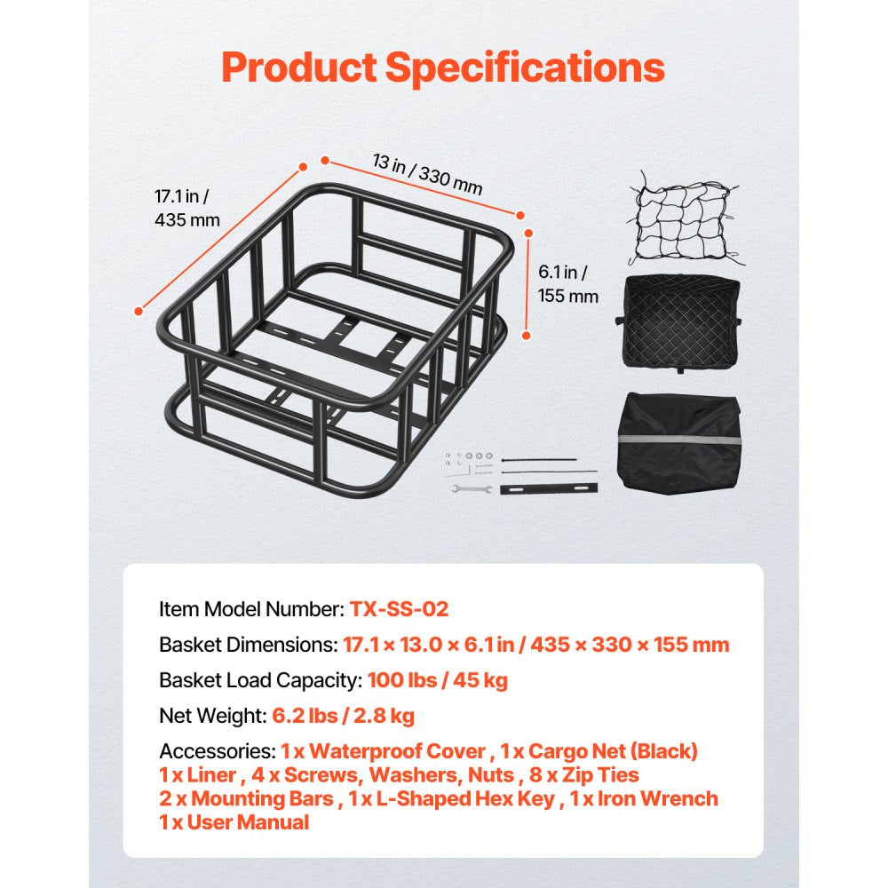 VEVOR Rear Bike Basket Medium Bicycle Basket Cargo Net Rainproof Cover Liner