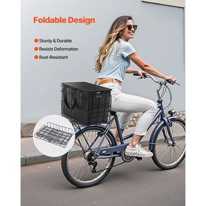 Rear Bike Basket, Folding Wire Bicycle Basket with Cargo Net, Removable Liner Bag & Waterproof Cover, Quick Release Desi