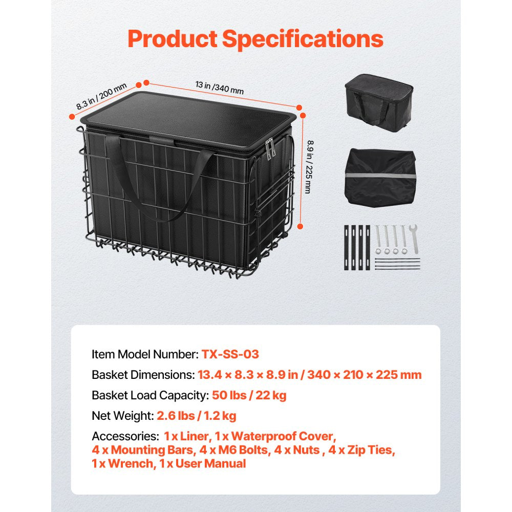 Rear Bike Basket, Folding Wire Bicycle Basket with Cargo Net, Removable Liner Bag & Waterproof Cover, Quick Release Desi