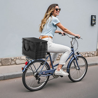 Rear Bike Basket, Folding Wire Bicycle Basket with Cargo Net, Removable Liner Bag & Waterproof Cover, Quick Release Desi
