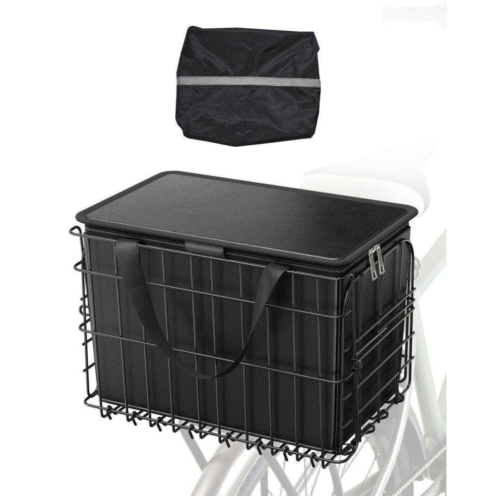 Rear Bike Basket, Folding Wire Bicycle Basket with Cargo Net, Removable Liner Bag & Waterproof Cover, Quick Release Desi