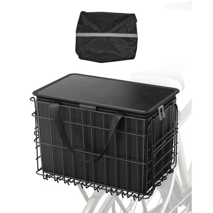 Rear Bike Basket, Folding Wire Bicycle Basket with Cargo Net, Removable Liner Bag & Waterproof Cover, Quick Release Desi