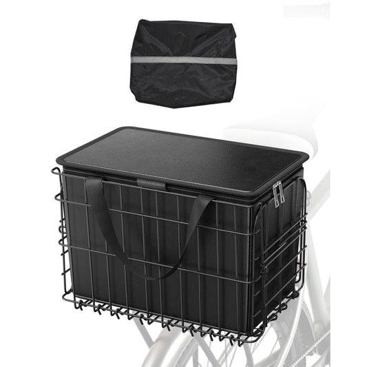 Rear Bike Basket, Folding Wire Bicycle Basket with Cargo Net, Removable Liner Bag & Waterproof Cover, Quick Release Desi