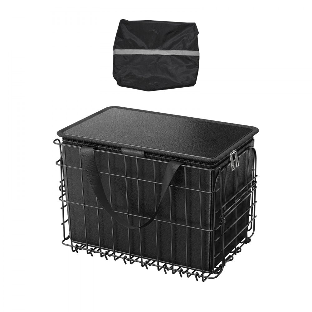 Rear Bike Basket, Folding Wire Bicycle Basket with Cargo Net, Removable Liner Bag & Waterproof Cover, Quick Release Desi