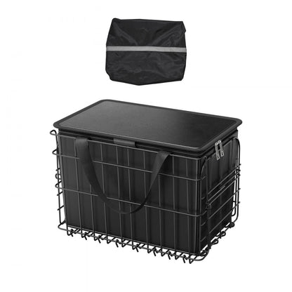 Rear Bike Basket, Folding Wire Bicycle Basket with Cargo Net, Removable Liner Bag & Waterproof Cover, Quick Release Desi