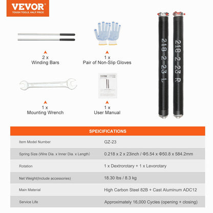Garage Door Torsion Springs Pair with Winding Bars, 0.218 x 2 x 0.58m