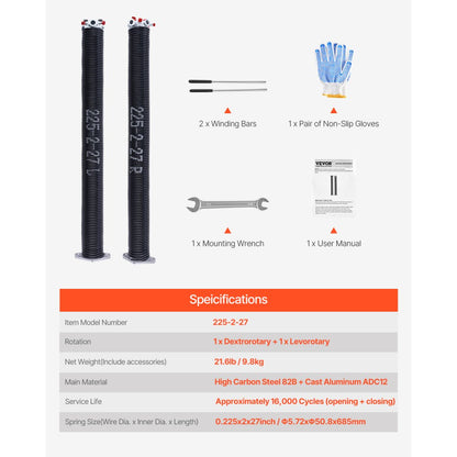 Garage Door Torsion Springs Pair of 5.72 x 50.8 x 685 mm with Winding Bars