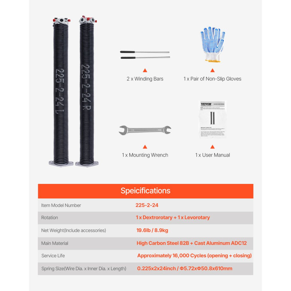 Garage Door Torsion Springs Pair of 5.72 x 50.8 x 610 mm with Winding Bars